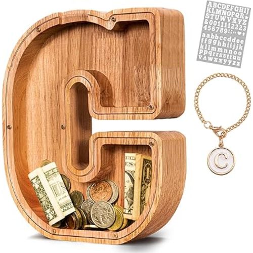 KMC Wooden Letter Piggy Bank, Personalized Initial Piggy Bank for Kids Boys, Clear Alphabet C Wood Money Box, Unbreakable Coin Saving Jar, Birthday, for Children