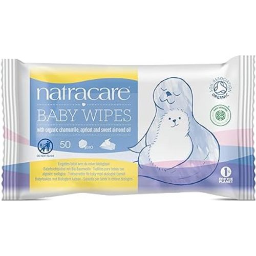 Natracare Organic Cotton Baby Wipes With Essential Oils of Chamomile, Apricot and Sweet Almond Oil (1 Pack, 50 Wipes Total)