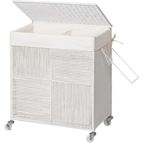 WOWLIVE Double Laundry Hamper with Lid, Handwoven Rolling Laundry Basket with Wheels, 115L Dirty Clothes Hamper with Removable Liner Bag Large Capacity Laundry Sorter Laundry Room Organization,White