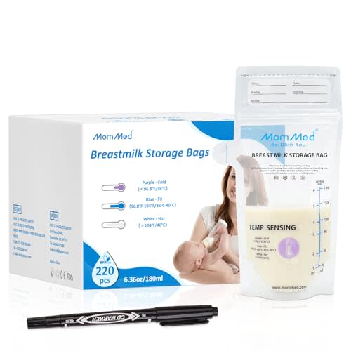 MomMed Breastmilk Storage Bags, Leak Proof Milk Storage Bags for Breastfeeding, Temp-Sensing Discoloration Disposable Breast Milk Bag with Pour Spout, 6 Ounce, Doubled-Sealed, BPA Free, 220Pack