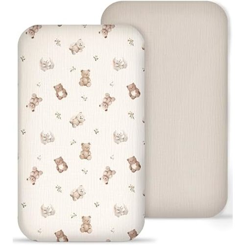 Muslin Bedside Bassinet Sheets 2 Pack, 33x20 Fitted Ultra Soft & Breathable Bedside Sleeper Sheets, Ideal for Baby Girl and Boy, Perfect for Newborns (Teddy & Friends)