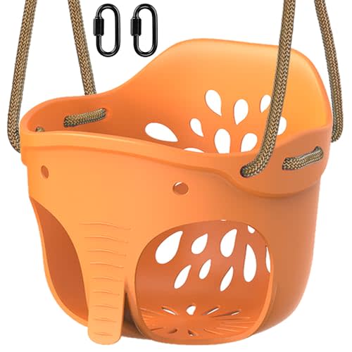 SELEWARE Heavy-Duty High Back Full Bucket Toddler Swing Seat with Locking Carabiners and Adjustable Rope, Cute Elephant Shape Design, 600LB Weight Limit (Bucket Swing, Yellow)