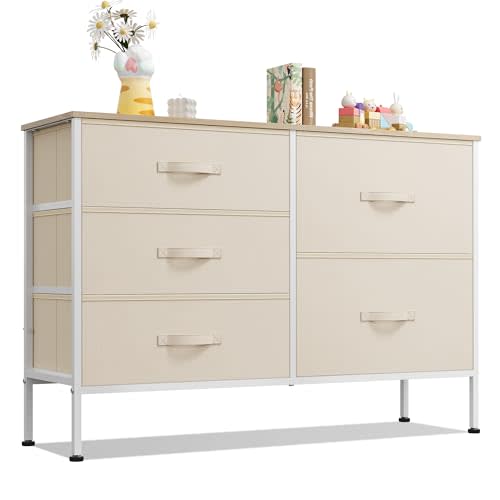 WLIVE 5 Drawer Fabric Dresser for Bedroom, Wide Storage Chest, Cream | Beige wide 5-drawer fabric dresser, multipurpose baby dresser for nursery kids bedroom toddler room closet storage