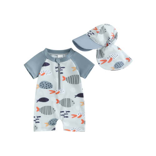 Qtinghua Infant Toddler Baby Boys Rash Guard Swimwear Fish Print Short Sleeve Swimsuits Front Zipper Bathing Suits with Swimming Hat White 0-3 Months