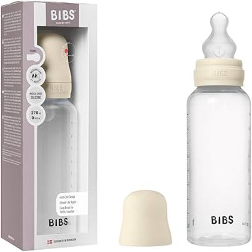 BIBS Baby Bottle 9 oz / 270 ml Silicone Nipple - Anti-Colic, BPA-Free, Round Nipple, Medium Flow, Lightweight & Easy to Clean, Suitable for Newborns 0+ Years - Ivory