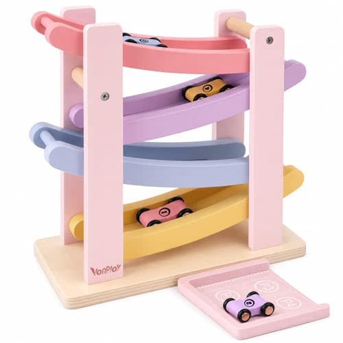 Vanplay Car Ramp Toys for One Year Old Girl Birthday Gifts, Montessori Toys for 1 2 Year Old, Wooden Race Track Truck Toy with 4 Mini Cars, First Christmas Birthday Gifts for Toddler Girl Toys 1-3-2-4
