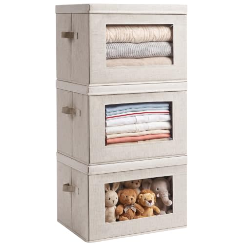 Anywish 3-Pack Large Storage Bins with Lids & Clear Window, Foldable Fabric Closet Organizer Boxes, Stackable Cube Baskets with Soft Handles for Clothes & Blankets, 17, Beige