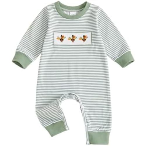 Infant Newborn Baby boy Thanksgiving Outfit Turkey Embroidery Striped Long Sleeve Romper Jumpsuit