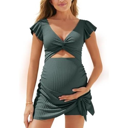 Summer Mae Ribbed Maternity One Piece Swimsuit Dress Cutout Bathing Suit with Built-in Pocket Short Swimwear Tie Knot Skirt