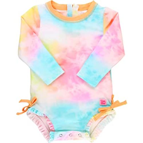 RuffleButts Baby Girls UPF 50+ Sun Protection Floral Printed Long Sleeve One Piece Rash Guard Swimsuit with Zipper