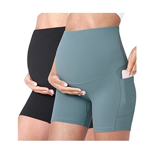 POSHDIVAH Women's Maternity Yoga Shorts Over The Belly Bump Summer Workout Running Active Short Pants with Pockets 5"/8"