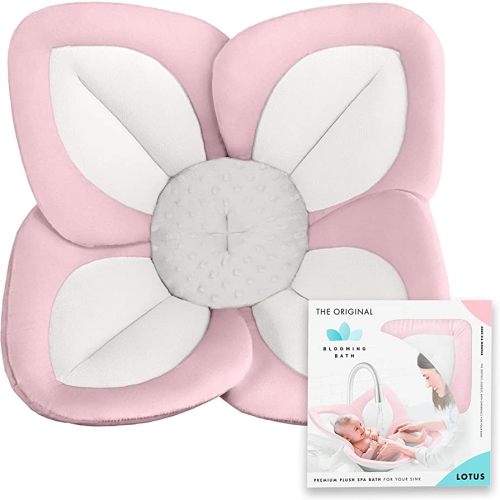 Blooming Bath Lotus Bath Seat - Plush Minky Baby Sink Bathtub - The Original Washer-Safe Flower Seat for Newborns - Pink/White/Gray