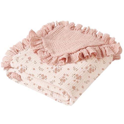 Konssy Flounce Muslin Baby Blankets, Cotton Crib Blanket for Baby Infant Toddler, Super Soft and Lightweight Nursery Blankets 40"x36" (Blossom)