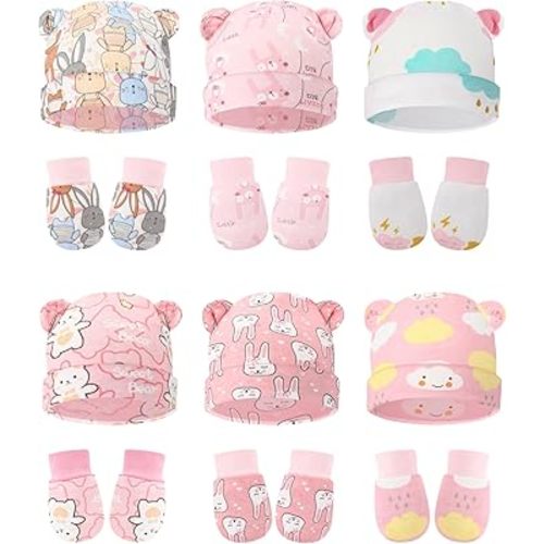 Geyoga 12 Pieces Newborn Hat Mittens Gloves Set Baby Boys Girls Cotton Baby Beanie for 0-12 Months