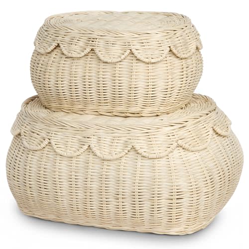 BEBE BASK The Original Scalloped Basket Set Of 2 – Small Scallop Basket - 15 x 11 x 6 In - Hand-Woven & Award-Winning - Elegant Wicker With Scalloped Edge Lid - Nursery Storage - (Natural)
