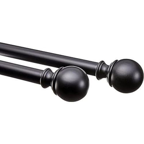 Amazon Basics Adjustable Curtain Rods for Windows, Round Finials, 1-Inch Rod, 36" to 72", Black, Pack of 1