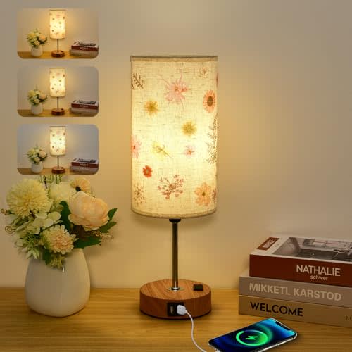 Flower Touch Table Lamp,3-Way Dimmable Bedside Lamps with USB Port and Outlet,Cute Lamp with Wood Grain Base,Vintage Lamp for Bedroom,Dormitory,Room Decor,flower2