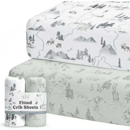 Crib Sheets Neutral - Fitted Baby Crib Sheets Bed for Girl Boy - 2 Pack Standard & Toddler Mattress - Buttery Soft Organic Cotton Blend (Arctic Journey)