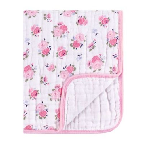 Luvable Friends Baby Girls Cotton Muslin Tranquility Quilt Blanket, Floral, One Size