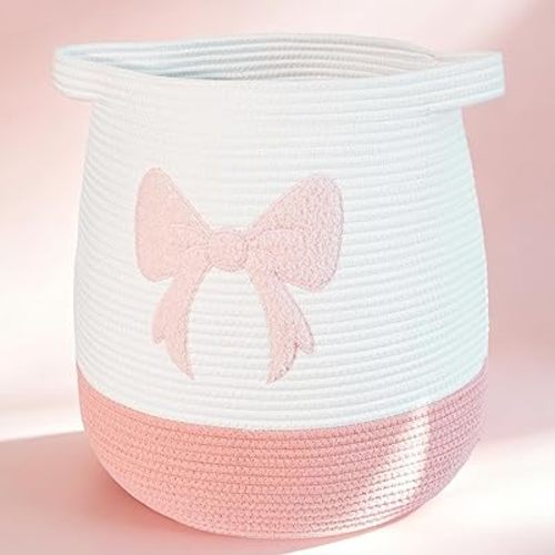 Large Cotton Rope Storage Basket with Pink Bow (17.7"x15.7", 55L), Collapsible Laundry Hamper for Baby Girl Nursery, Woven Toy Organizer with Handles, Blanket Basket for Bedroom, Bathroom, Playroom