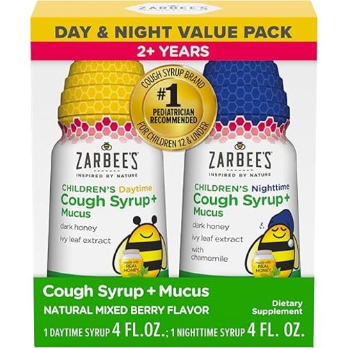 Zarbee's Children’s Honey Cough Syrup + Mucus Day & Night Value Pack, Daytime & Nighttime Toddler Cough Syrup, Dark Honey, Ivy Leaf Extract, Chamomile, Mixed Berry Flavor, 2X 4 Fl Oz