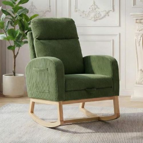 Cozy Upholstered Glider Rocker with Adjustable Footrest & Side Pocket, Modern Nursery Accent Chair for Living Room, Green Corduroy