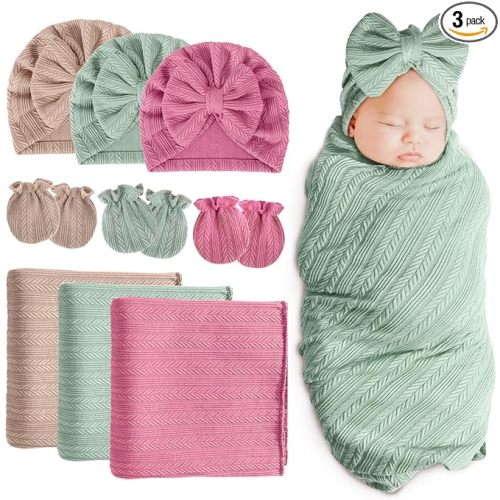 BQUBO Newborn Receiving Blanket Hat Mittens Set for Baby, Unisex Baby Boys Girls Essentials, Newborn Registry Must Haves, Stroller Crib Shower Gifts