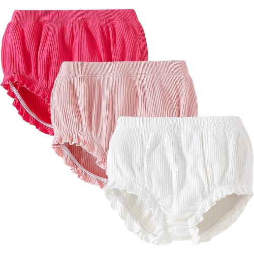 SOBOWO 3-Pack Bloomers for Baby Girls Diaper Covers Ribbed Ruffle Solid Triangle Baby Girl Shorts Summer Toddler Underwear