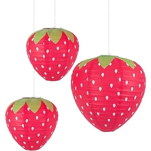 3Pcs Large Size Strawberry Party Decorations Fruit Themed Party Decor Strawberry Birthday Decorations for Girl Hungry Caterpillar Party Supplies Nursery Paper Lantern Hanging Ornament