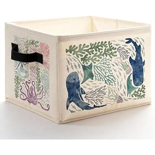 Coastal Beach Sea Animal Storage Bins Box with Handles, Ocean Mermaid Octopus Whale Shark Coral Foldable Basket Toybox for Kids Room Nursery Playroom Bathroom Home Clothes Toys Books
