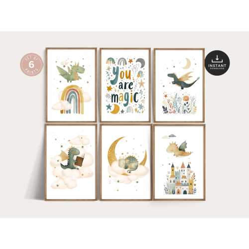 Baby Dragon Nursery Prints, Fantasy Mythical Wall Art, Mythical Kids Room Decor, Set of 6 Digital Downloads, Watercolour Teal and Gold,