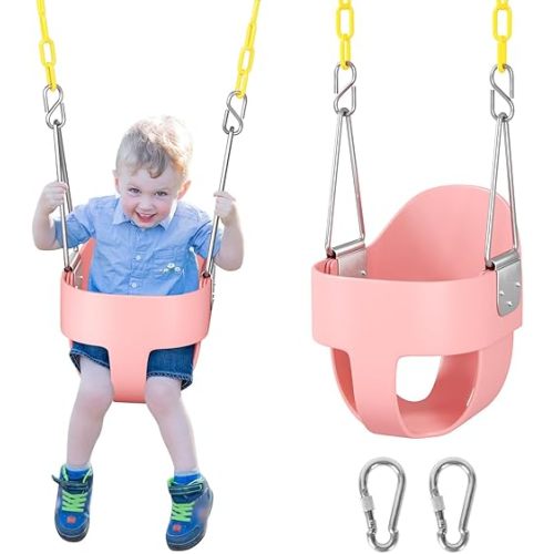 DECORLIFE Toddler Swing - High Back Full Bucket Seat for Ages 1-3, 330lb Capacity, Baby infant Swing Outdoor with Safety Design, Plastic-Coated Chains, Carabiners for Backyard, Playground, Garden-Pink