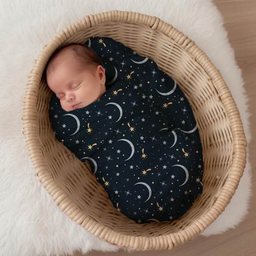 Baby Boy Moons & Stars Swaddle Set, Celestial Knot Hat / Beanie, Cosmic Navy Newborn First Photo Outfit, Blue Shower Present, Galaxy Nursery