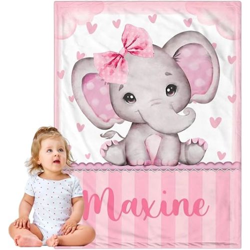 Personalized Baby Blanket for Girls, Custom Baby Blanket with Name, Soft Cozy Personalized Name Blankets for Kids, Customized Elephant Blanket for Infant Toddler Birthday Christmas