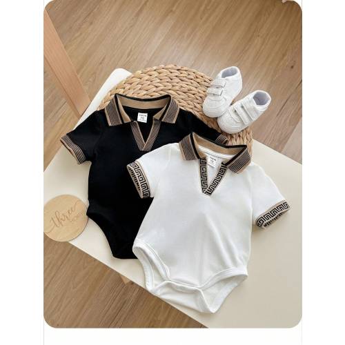 2pcs Set Newborn Baby Boy/Girl Casual College Style V-Neck Knitted Small Logo Print Bodysuit Outfit, Summer Party & Outdoor Wear