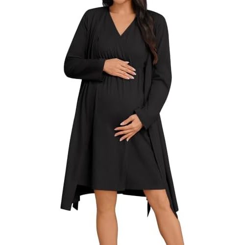 SWOMOG Women 100% Cotton Maternity Nursing Gown and Robe Set 3 in 1 Labor Postpartum Soft Nightgown for Breastfeeding