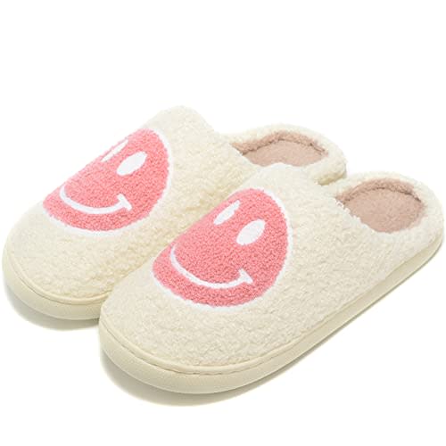 Retro Fuzzy Face Slippers for Women Men, Retro Soft Fluffy Warm Home Non-Slip Couple Style Casual Smile Face Slippers Indoor Outdoor Anti-Skid Warm Cozy Foam Slide Fuzzy Slides with Soft Memory Foam Shoes