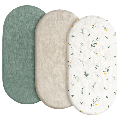 Gllquen Baby Muslin Cotton Bassinet Sheets 3-Pack for Newborn Infant Baby Boy Girls Hourglass Oval Rectangular Cradle Pad Sheets 33"X17", Leafy Green