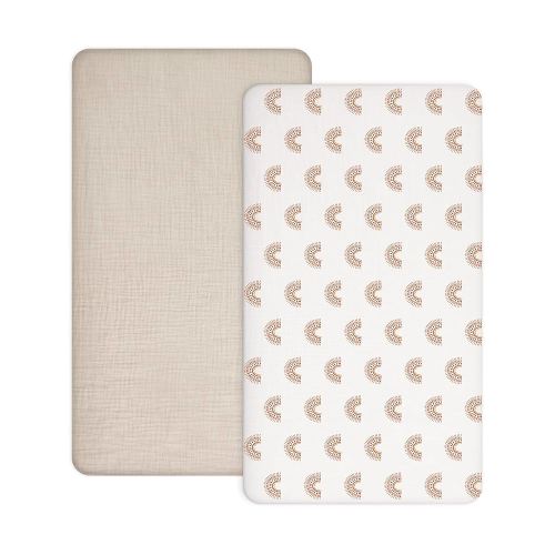 Crib Sheets for Baby Boy Girl 2 Pack, Fitted Crib Mattress Sheet 28" x 52", Muslin Toddler Bedding with Neutral Style, Nursery Bedding Essentials (Beige & Rainbow)
