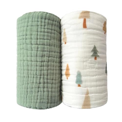 Pack of 2 Ultra Soft Cotton Muslin Baby Blanket Breathable Muslin Swaddle Blankets for Babies and Toddlers Boys Girls Newborn 43"X43" (Christmas Tree and Green)
