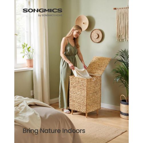 25-Gallon Handwoven Laundry Hamper with Lid and Washable Liner, Natural Water Hyacinth Basket with Wooden Feet, Steel Frame