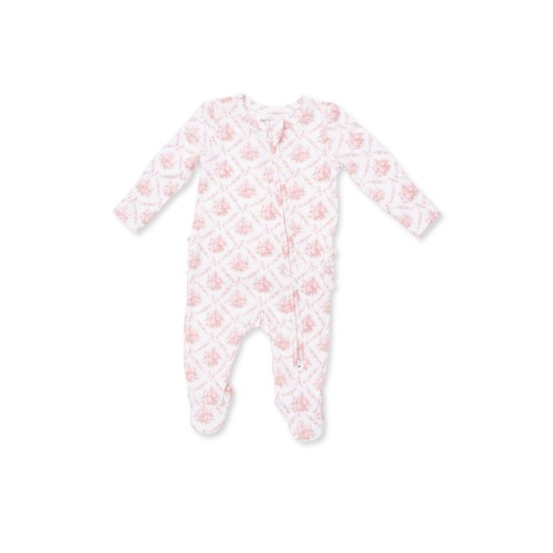 Rose Bow Lattice Print Ruffle Zip Footie
