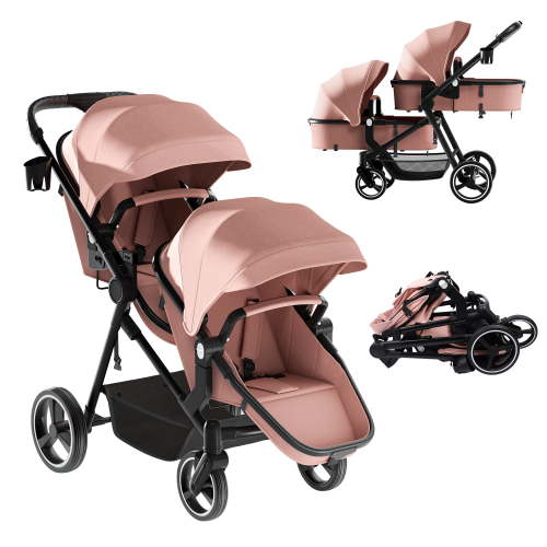 Reasea Double Stroller, Convertible Twin Stroller, Double Infant Stroller for Newborn and Toddler, Pink