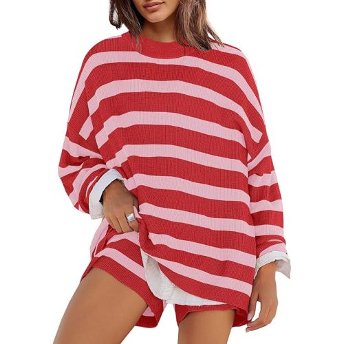 Panadila Womens Striped Sweater Set Oversized Lounge Sets Matching Pajamas Long Sleeve Sweater Top and Shorts