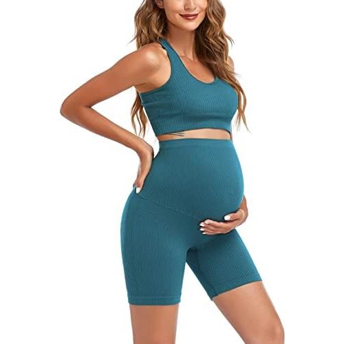 Women's Maternity 2 Piece Outfit Set - Bra & Shorts for Pregnancy - Yoga workout Lounge Wear Sets