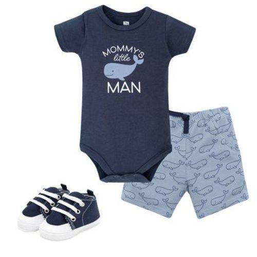 Hudson Baby Boy Cotton Bodysuit, Shorts and Shoe Set, Mommys Little Whale, 6-9 Months