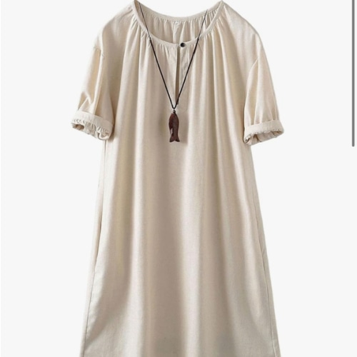 Minibee Women's Cotton Linen Dress Short Sleeve Midi Casual Plus Size Tunic Dress with Pockets