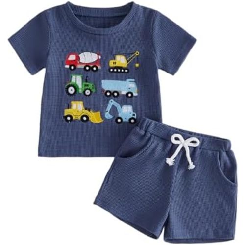 FOCUSNORM Toddler Baby Boy Clothes 12 18 24 Months 2T 3T 4T Summer Outfit Truck Embroidery Waffle T-shirt and Elastic Shorts