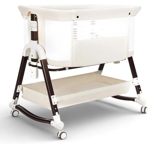 Uuoeebb 4 in 1 Bedside Bassinet for Baby, Portable Baby Bassinet with Wheels, Baby Crib with Mosquito Net, Storage and Mattress Included, Foldable Travel Bassinet for Baby/Newborn (White)