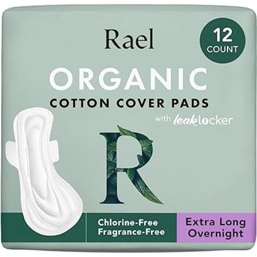 Rael Pads for Women, Organic Cotton Cover - Period Pads with Wings, Feminine Care, Sanitary Napkins, Ultimate Absorbency, Postpartum, Unscented, Ultra Thin (Extra Long Overnight, 12 Count)